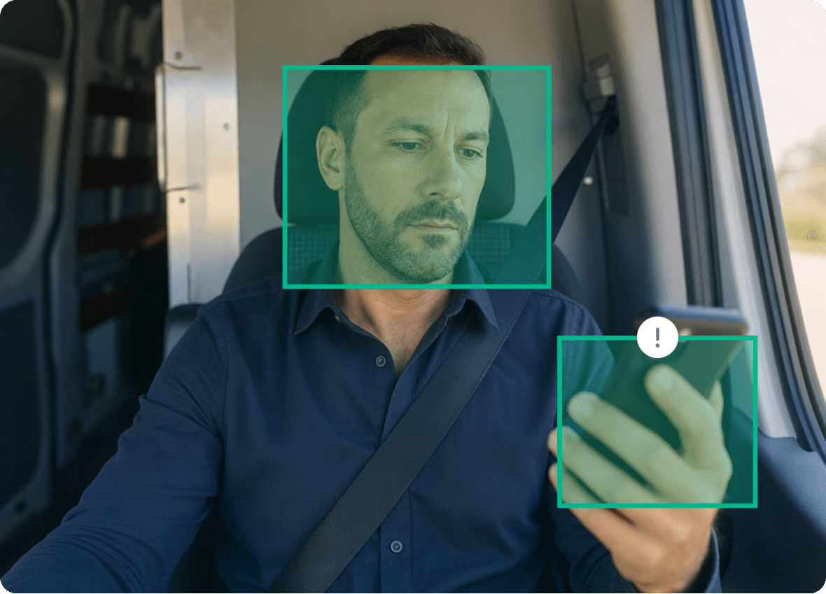 Driver-facing AI dash camera detecting phone use