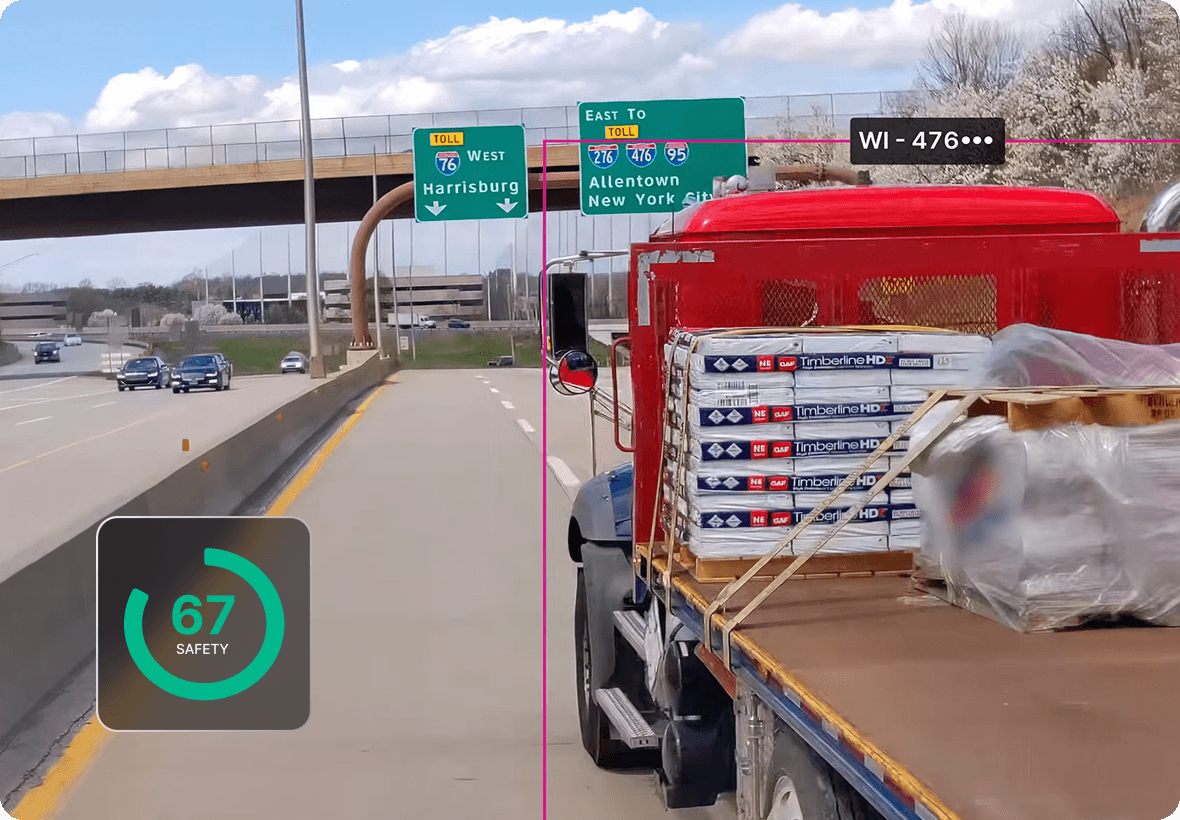 AI dash camera analyzing a road incident, showing a live safety score
